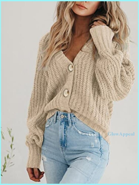 Chunky Knit Open Front Cardigan Sweater Long Sleeve Button Loose Fit - Picture 3 of 7